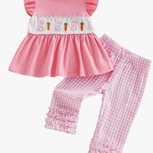 Easter Embroidery Pink Ruffled Baby Pant Set